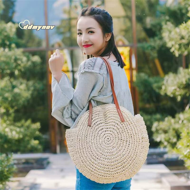 Round Straw Beach Vintage Handmade Woven Shoulder Bag Raffia circle Rattan bags Bohemian Summer Vacation Casual Bags ddmynov