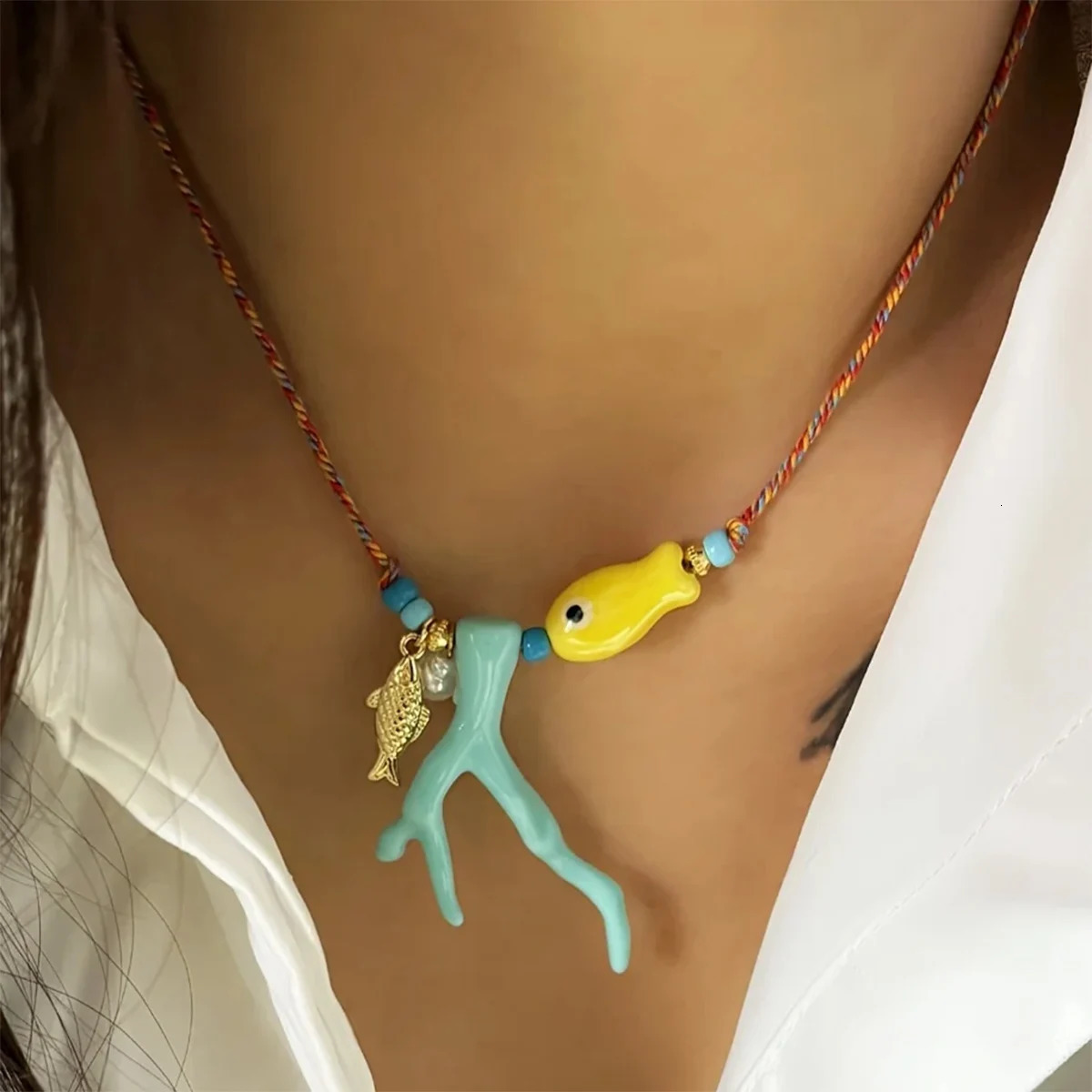 Funky Charm Ocean Resin Coral Glass Bead Fish Pendant Rope Necklace Womens Summer Vacation Beach Party Jewelry 250704