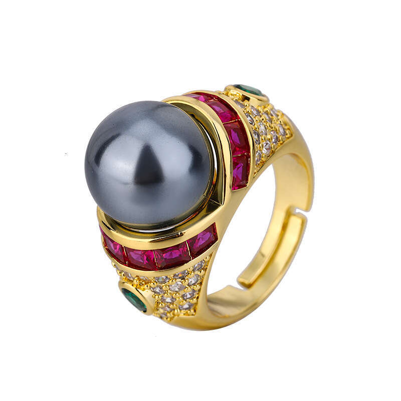 Huayoumei Gold-Plated Light Luxury Enamel Zircon Tahitian Gray Pearl Ring E2f