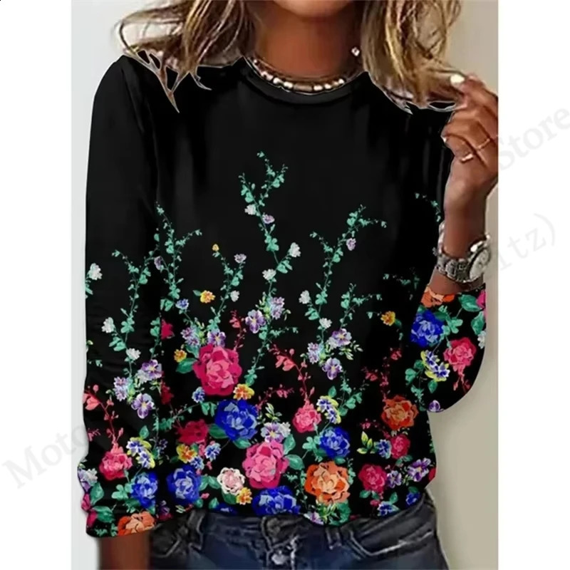 Floral 3D Print T-Shirt Casual Crew Neck Long Sleeve T-shirt Womens Clothing Fashion Casual Oversized Tops Tees Female 250703