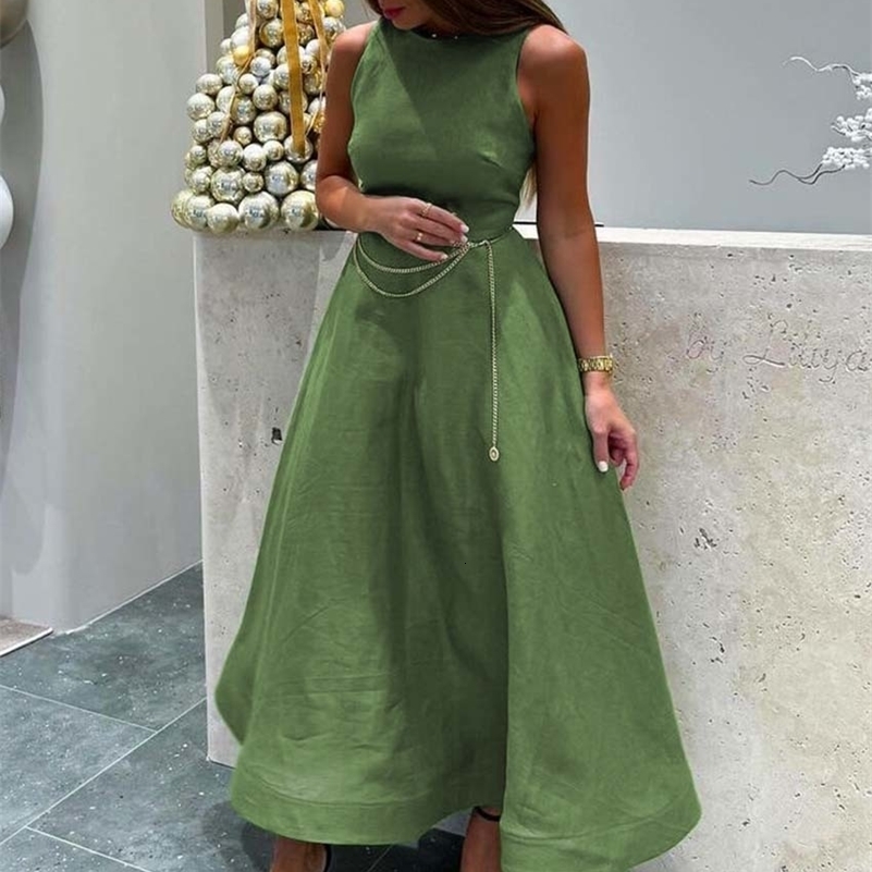 Oymimi Elegant Green Cotton Womens Dress Fashion O-Neck Sleeveless Dresses Casual High Waist A-Line Mid-Calf Dresses Female 250703