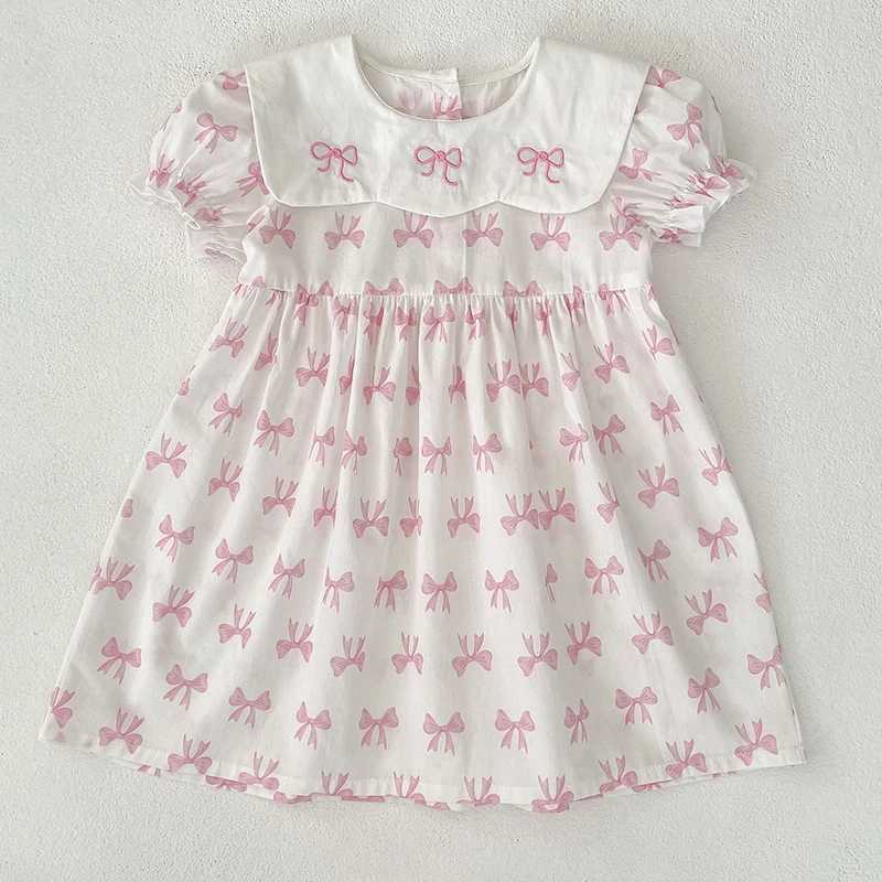 Girls Summer Dress Kids Princess Birthday Dresses Pink Embroidered Bow Dress Puff Sleeve Elegant Baby Children Clothes Dresses R250707