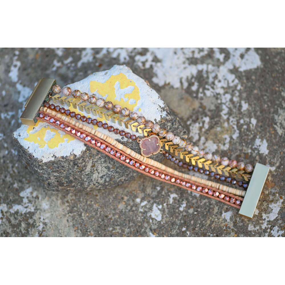 bohemian Handmade Rose Quartz Healing Plum Blossom Shape Natural Stone 5 Layer Bracelet