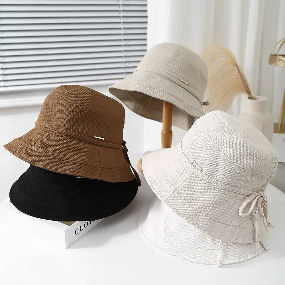 Korean Style Bow Plaid Womens Bucket Hat Foldable Fisherman Cap Spring Summer Sunshade Retro Fashion Simple Cloth Lady Hat New Y250707