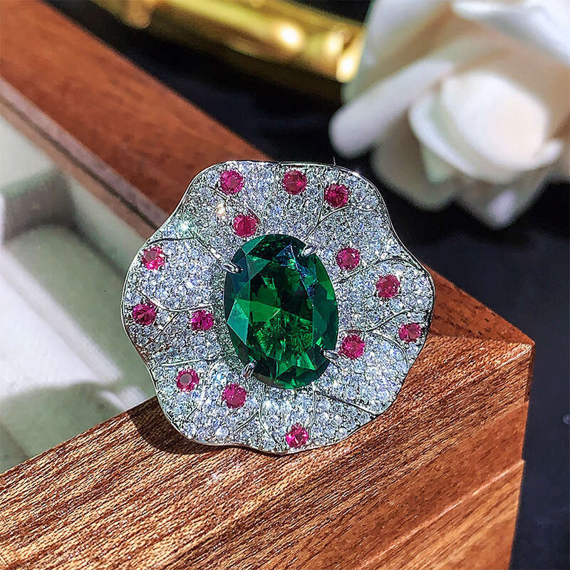 Jewelry New Ring Accessories Colorful Gemstone Red Green Rose Flower Fashion High-End Sense Women's Light Luxury F0e