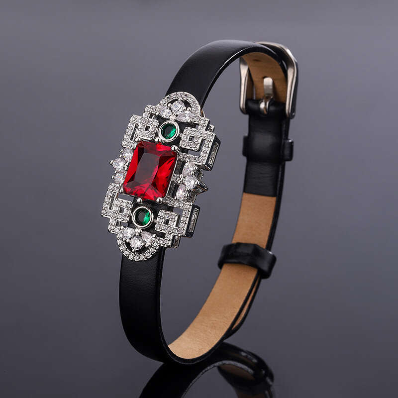 Custom Jewelry Leather Wristband With Simulated Red Zircon Full Dia Cowhide Strap Bracelet For Women 8Da