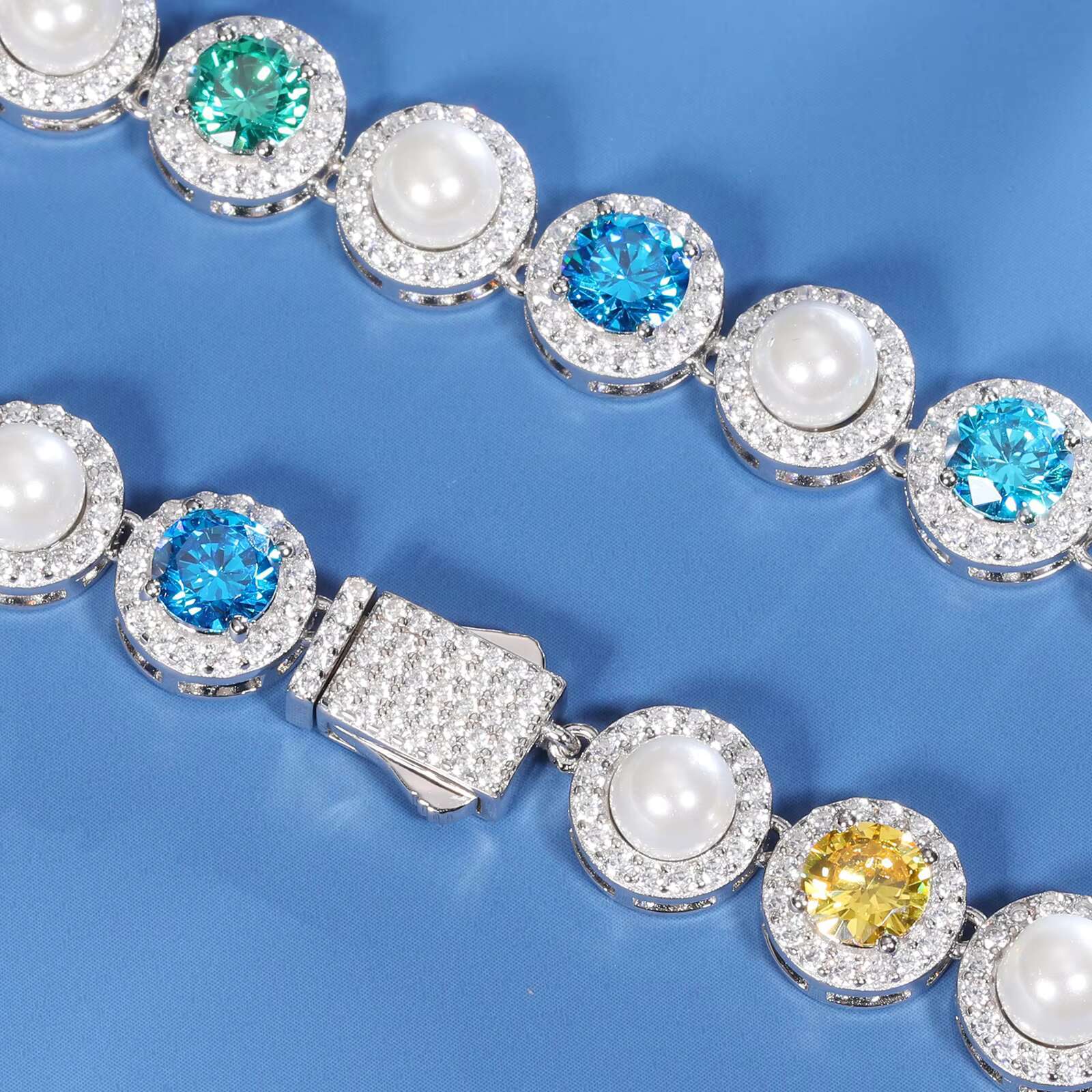 Pearl Series 9.5mm 925 Sterling Silver Mixed Colored VVS Moissanite Gemstone Freshwater Pearl Cluster Halo Tennis Chain Necklace