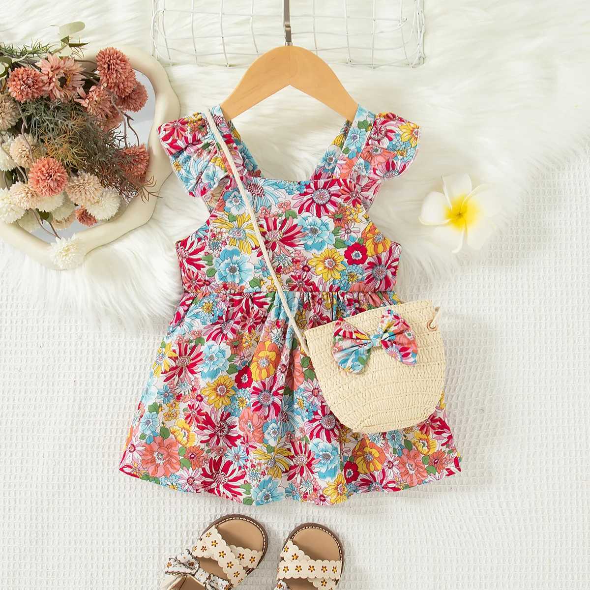 Baby Girl Clothes Summer Full Printed Daisy Pattern Halter Baby Girl Dress Cute Casual Vacation Girl Kids Dress With Bag R250707