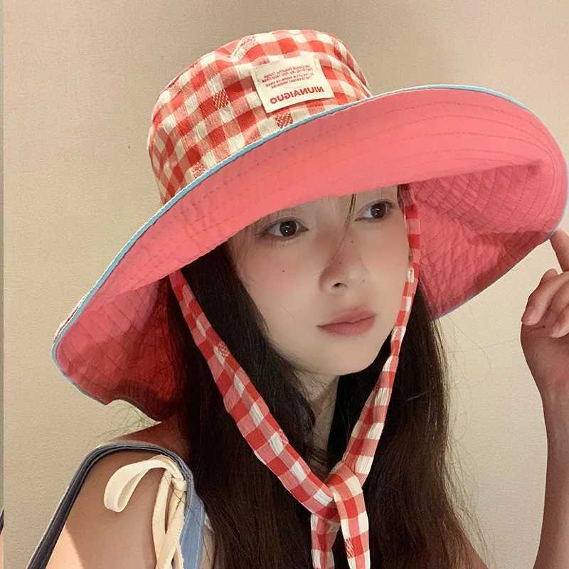 Plaid Wide Edge Strap Bucket Hat Womens Large Brim Showing Face Small Versatile Sun Hats Sun Protection Hat Basin Hat Y250707
