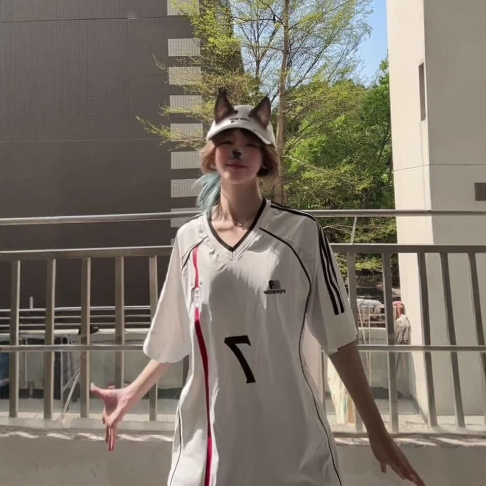 Pure Cotton American Style Sports V-Neck Short Sleeve T-Shirt Women Summer New Loose Oversize Patchwork Color Block Top For Couples B5