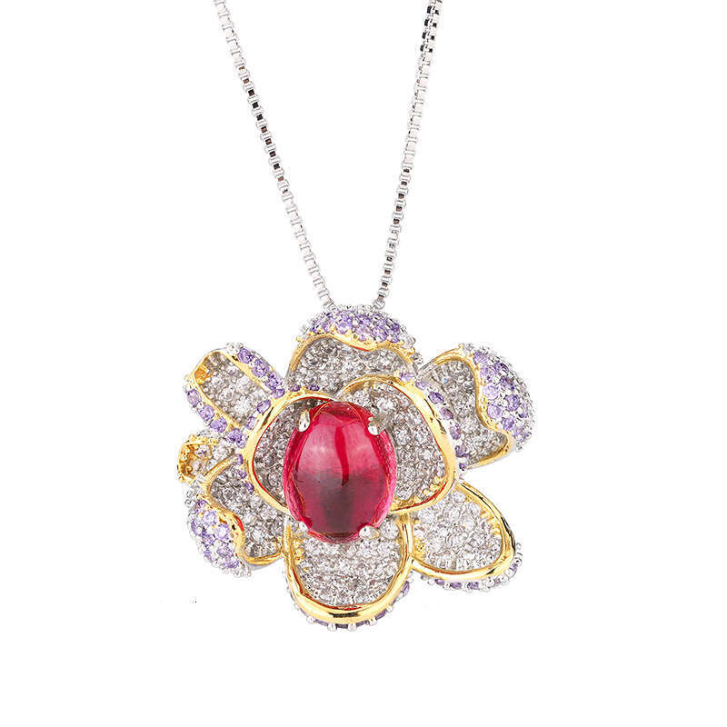 Jewelry New Set Necklace Ring Pigeon Blood Red High-End Sense Temperament Rose Flower Women's Eca
