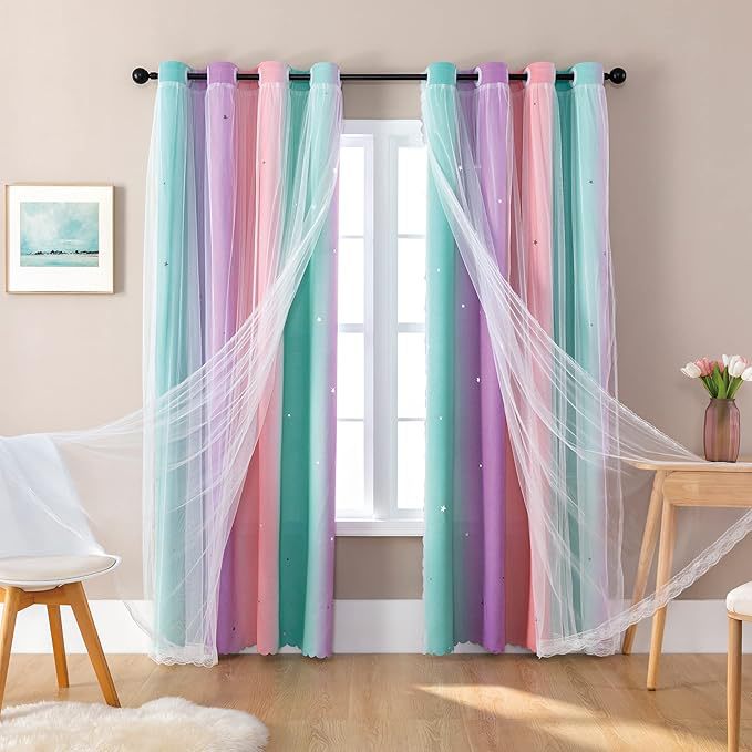 YL-36075 rainbow color curtain bedroom gauze curtain gradient curtain double lace curtain finished rod star