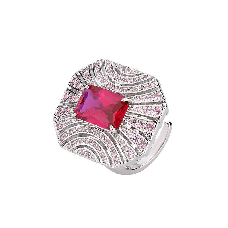 Fashion Luxury Rose Royal Blue Open Ring Red Corundum Pink Zircon Rectangular Women's 400