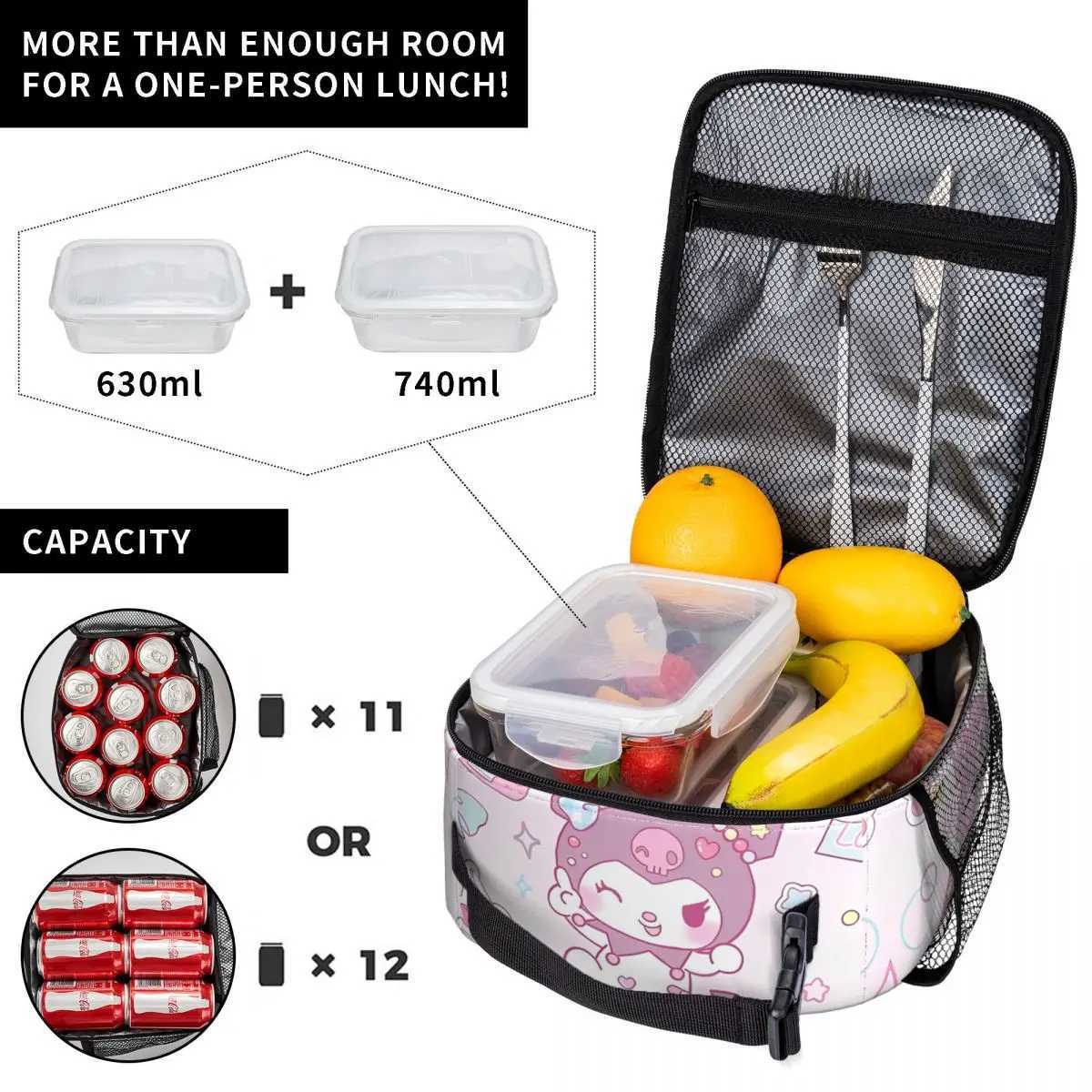Cute Kuromi Insulated Lunch Bags Thermal Bag ReusableMeal Container Large Tote Lunch Box Food Handbags Beach Outdoor