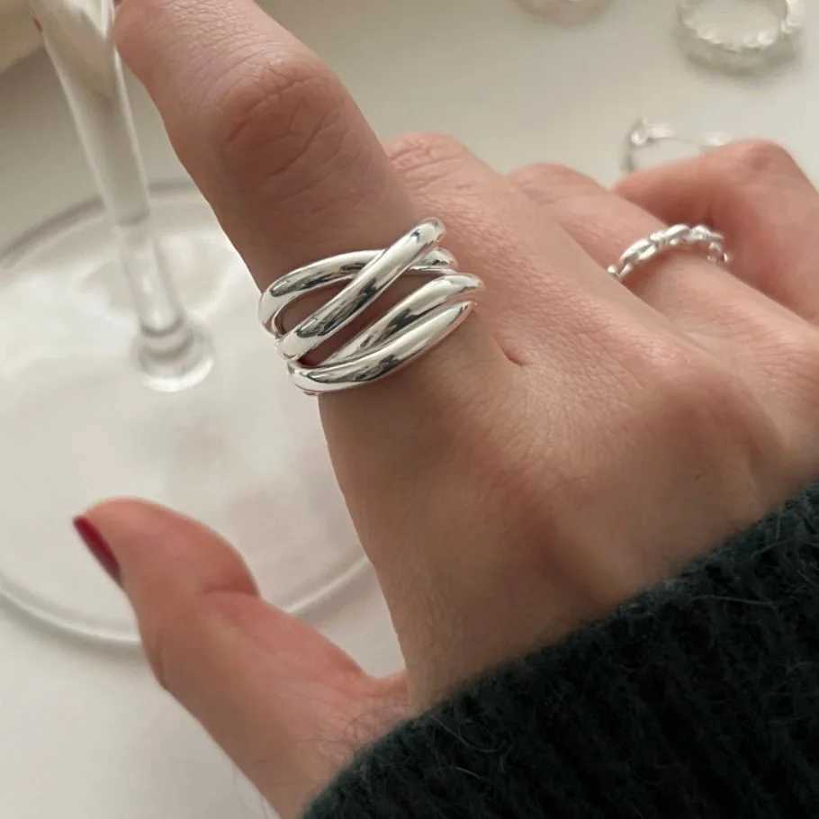 925 Sterling Silver Rings for Women Fashion Geometric Handmade Irregular Interware Gold Ring Party Christmas Gift XJ250707