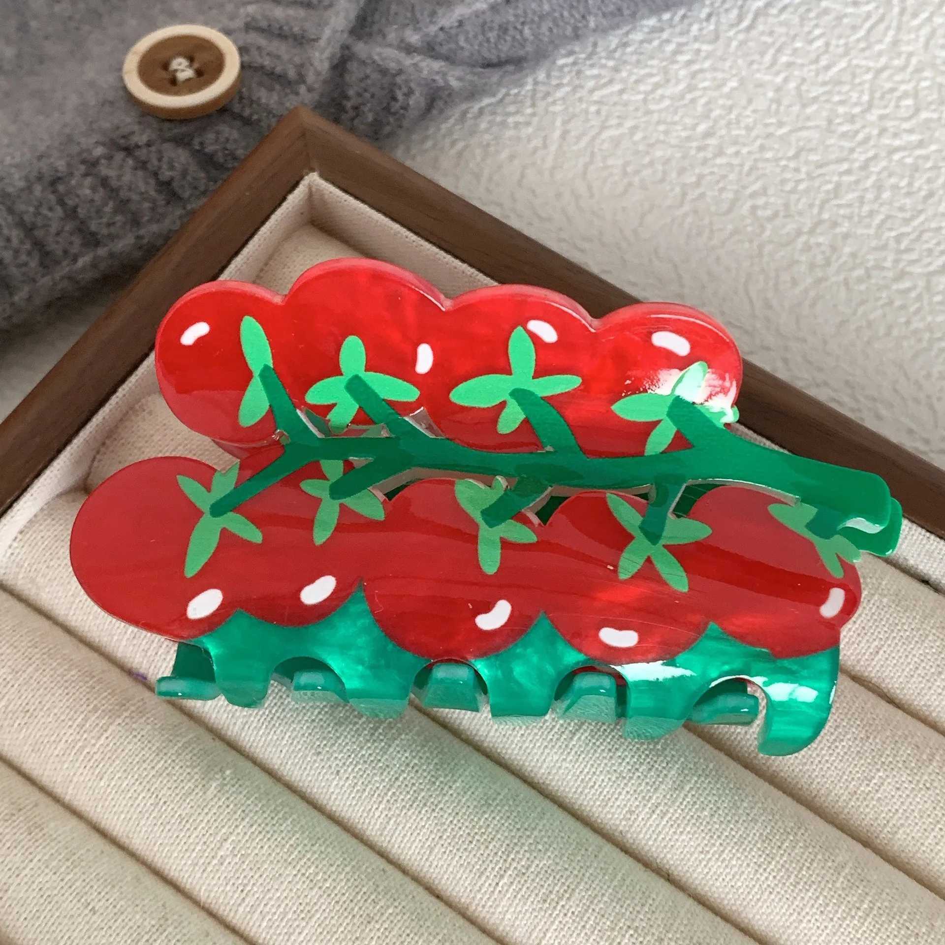 Red Cherry Tomatoes Double Sided Printed Shark Hair Clip Claw For Women Girls New Acrylic Fixed Ponytail Hairpin Hair Accessory Y250707