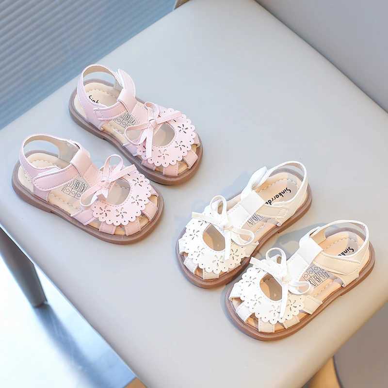 Summer Girls Sandals Hollow-out Cover Toe Floral Kids Sliders Beige Pink Sweet Pu Leather Toddler Hook-loop Children Slippers R250707
