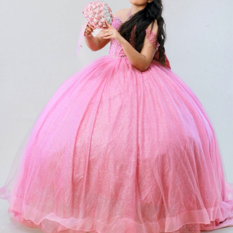 Pink Shiny Quinceanera Dresses Ball Gown Off The Shoulder Beading Crystal Tull Corset Party Birthday Sweet 16 Dress Vestidos 15 Anos