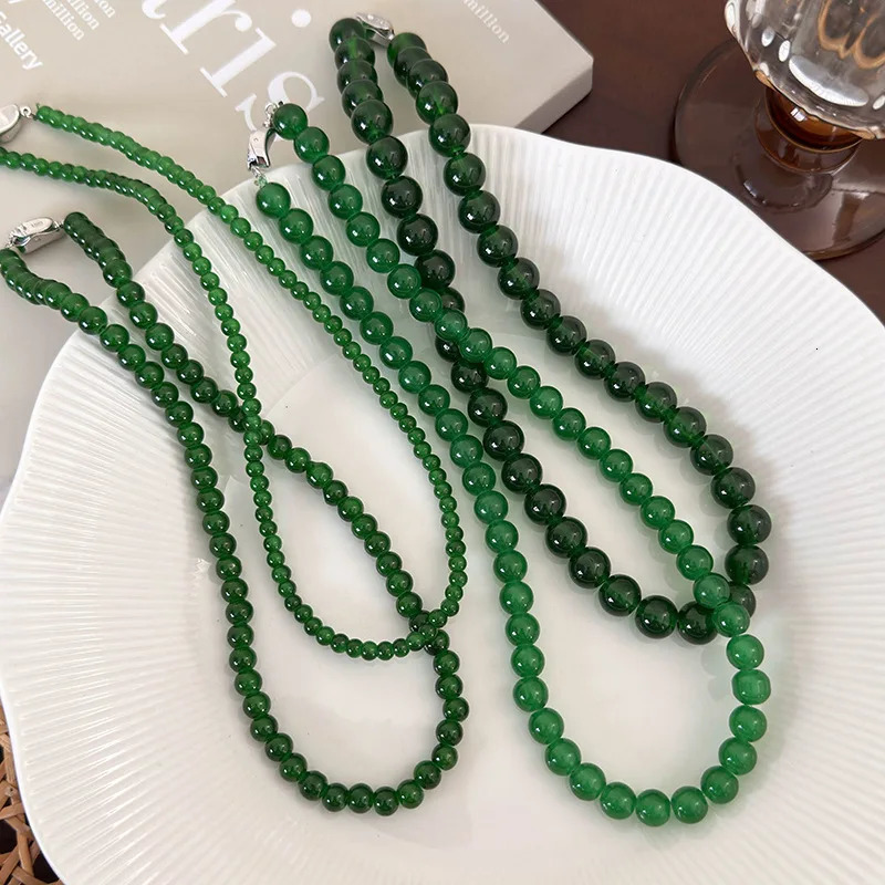 Minar 2025 4 6 8 10mm Green Color Glass Beads Strand Beaded Necklace for Women Female Silver Plated Toggle Clasp Chokers 250704