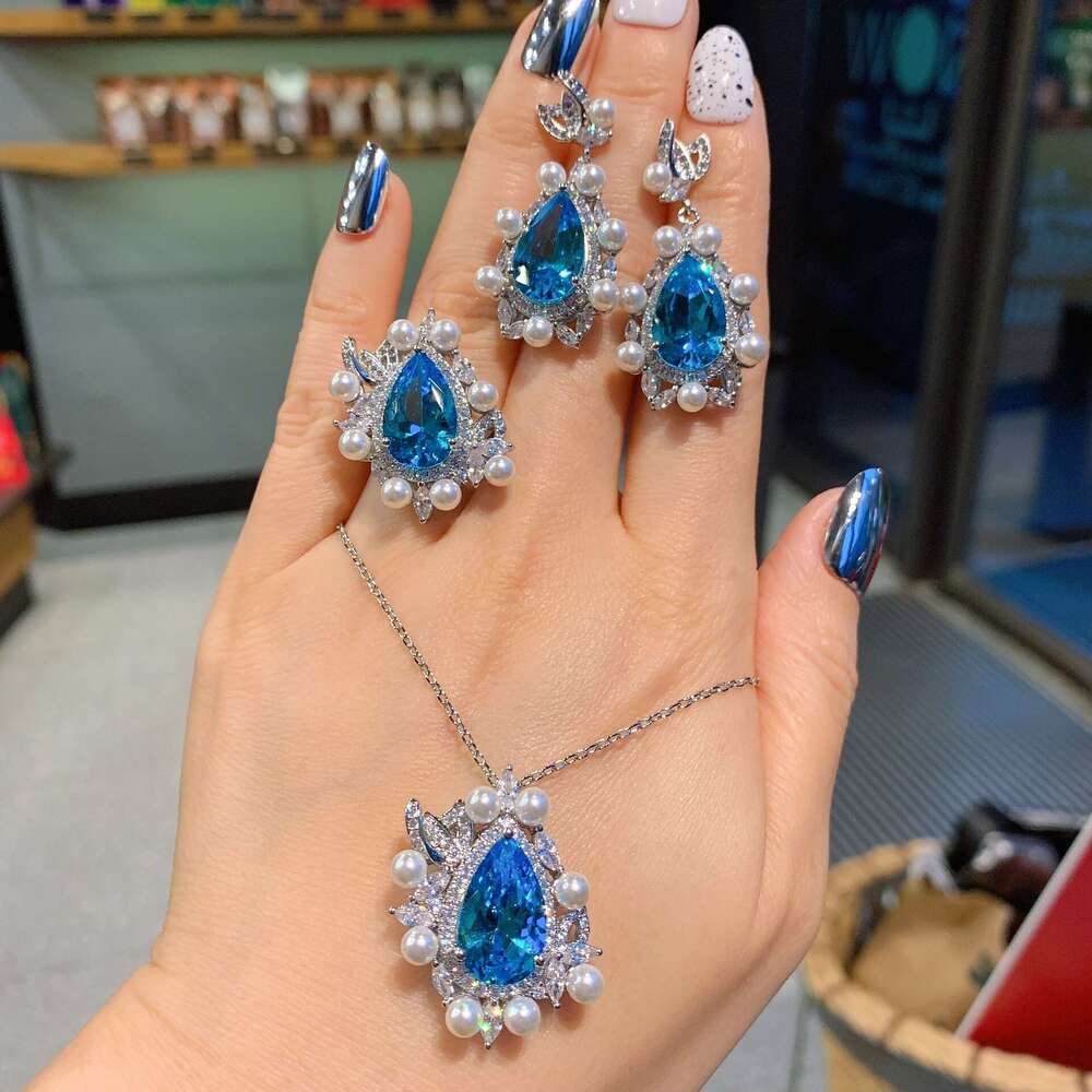 Three-Piece Set Tiktok Live Zircon Earrings Micro-Paved Pearl Aquamarine Necklace Gemstone Ring E03