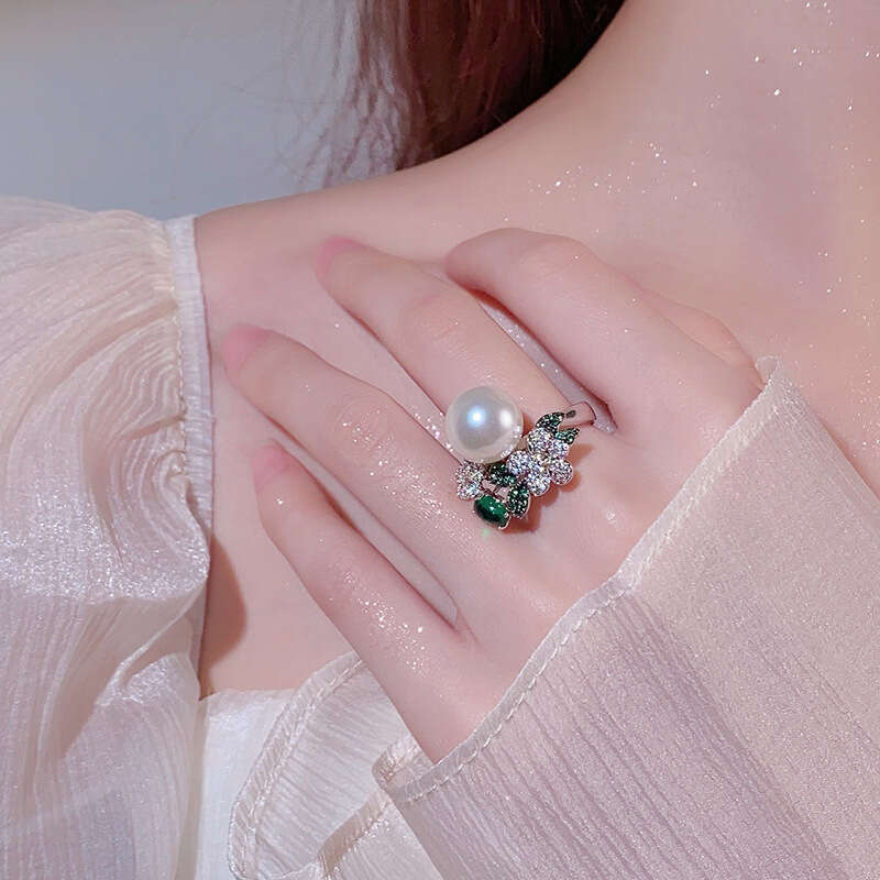 Huayoumei Jewelry Fashion With Diamond Inlay White Flower Open Zircon Pearl Ring 9Fe
