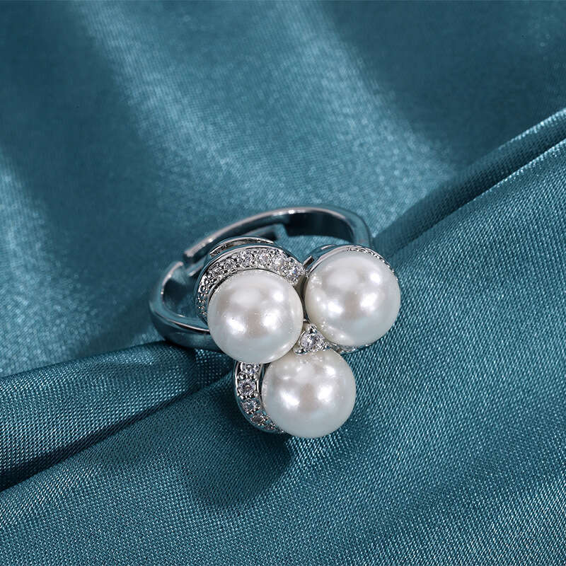 Gold-Plated Copper Live Hot Style Fashion Pearl Micro-Inlaid Dia Earrings Ring Necklace Three-Piece Set For Women A03