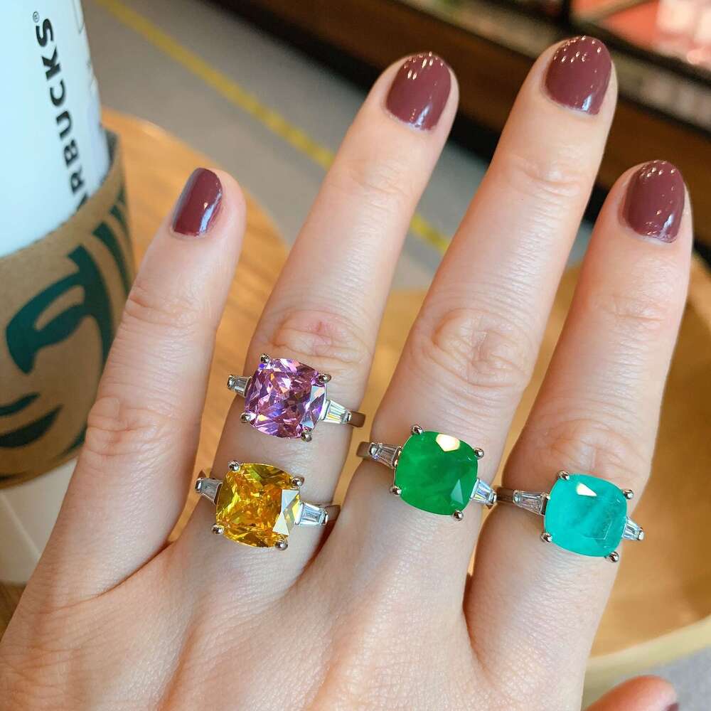 Tiktok Live New Style Socialite Square Imitation Emerald Simulated Paraiba Color Jewelry Ring 725