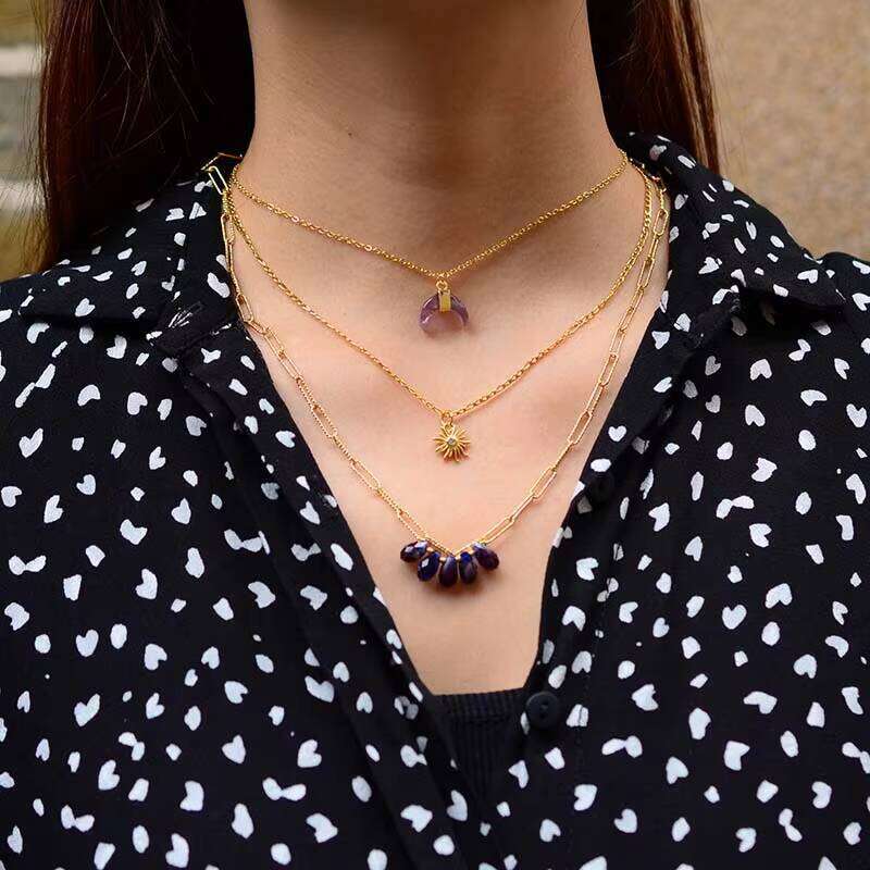 Bohemian Copper Chain Amethyst Pendant Necklace for Women