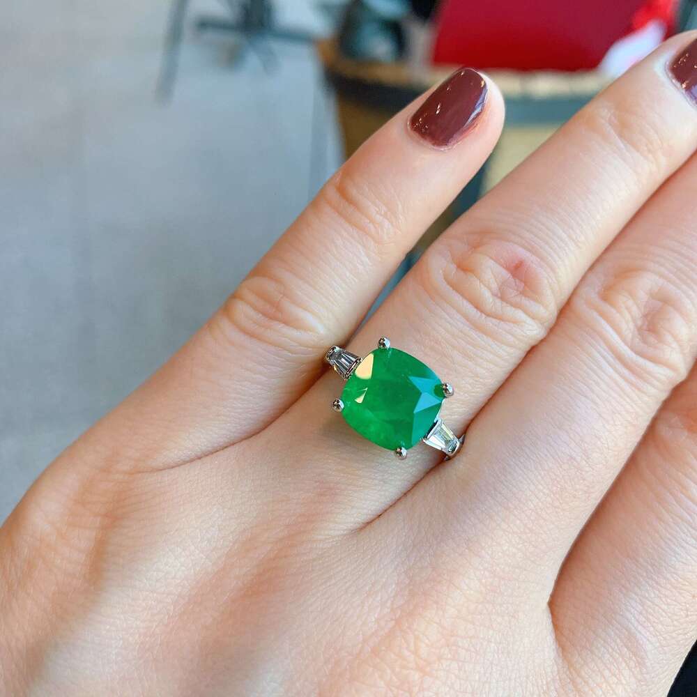 Tiktok Live New Style Socialite Square Imitation Emerald Simulated Paraiba Color Jewelry Ring 725