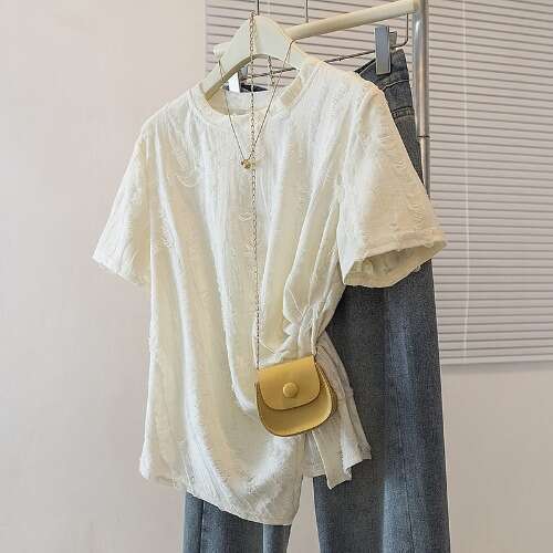 Irregular Ruched Regular Shoulder Short Sleeve T-Shirt For Women Summer Design Sense Distressed Unique Slimming Round Neck Top B5