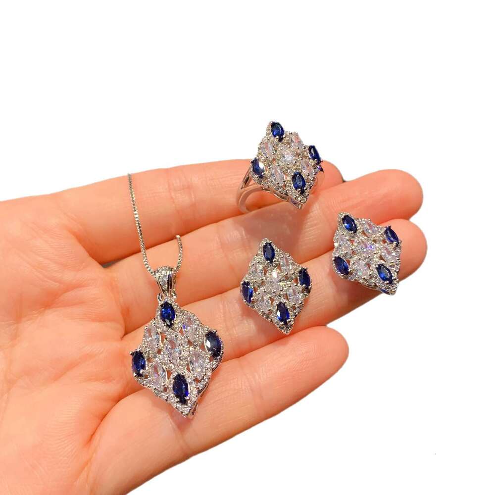 Huayoumei Colorful High Carbon Dia Necklace Ring Three-Piece Set Zircon Pendant Blue Corundum Stud Earrings 97B