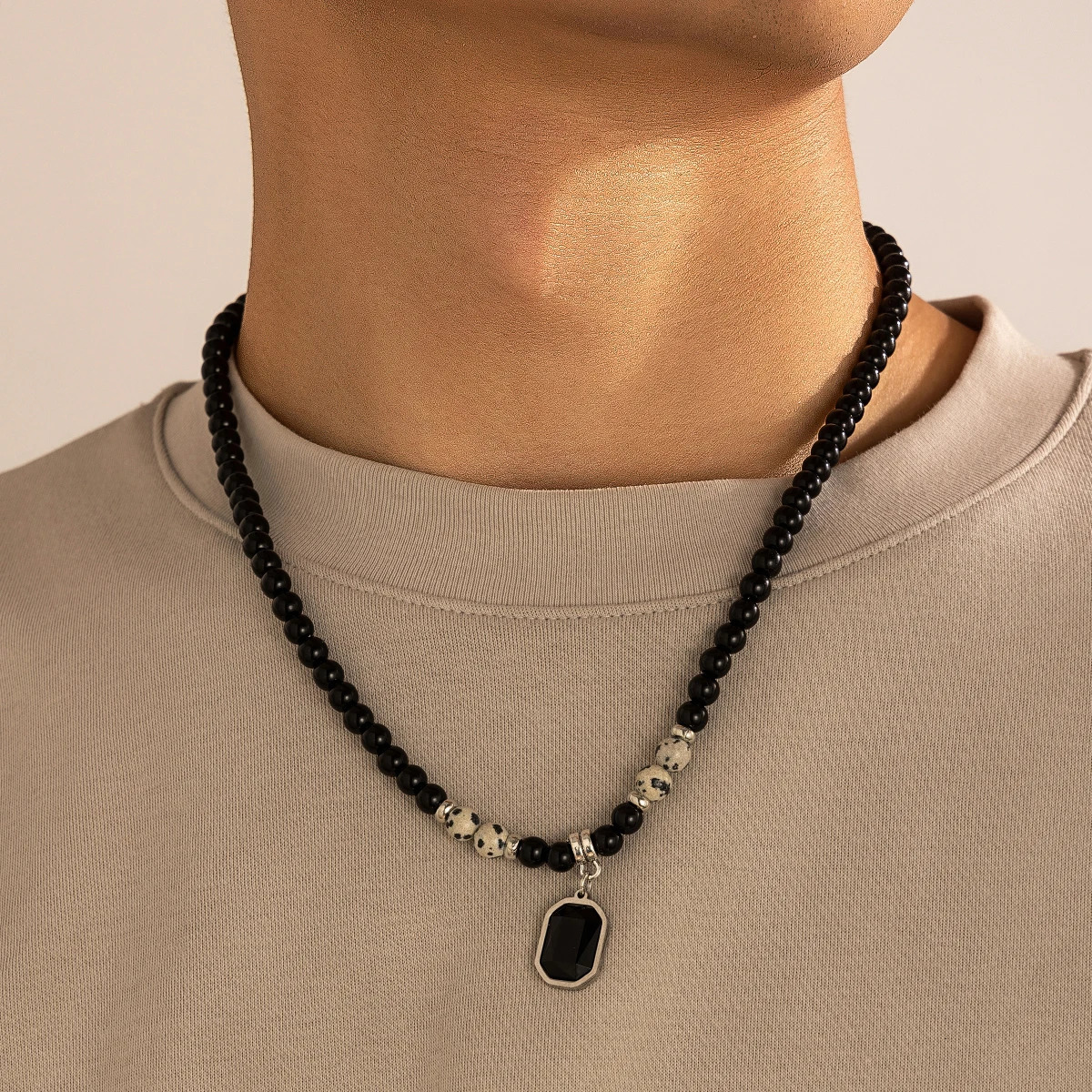 KunJoe Hip Hop Stainless Steel Square Pendant Necklace for Men Natural Tiger Eye Stone Acrylic Bead Strand Neck Jewelry 250704