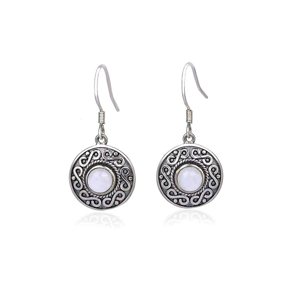 Ethnic Sier Earrings, Round Moonstone, Suitable for Women's Fine Jewelry Gifts
