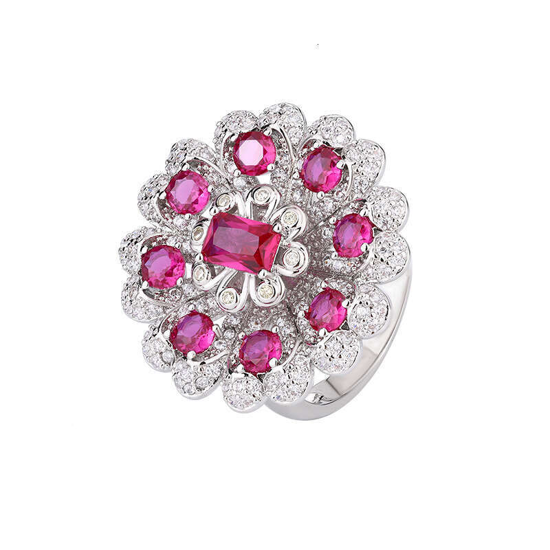 Autumn Winter New Jewelry Set Imitation Red Corundum Flower Shape High-End Light Necklace Ring Bracelet Women's Accessories D79