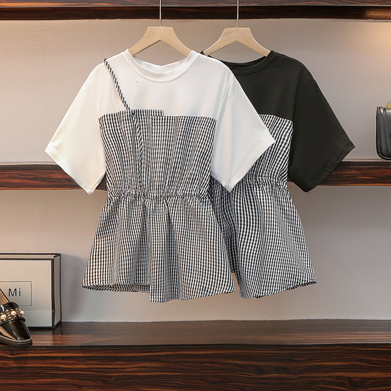 2025 Summer new women's T-shirt short sleeved fake two-piece set women's Korean design new waistband design feeling women's top new des