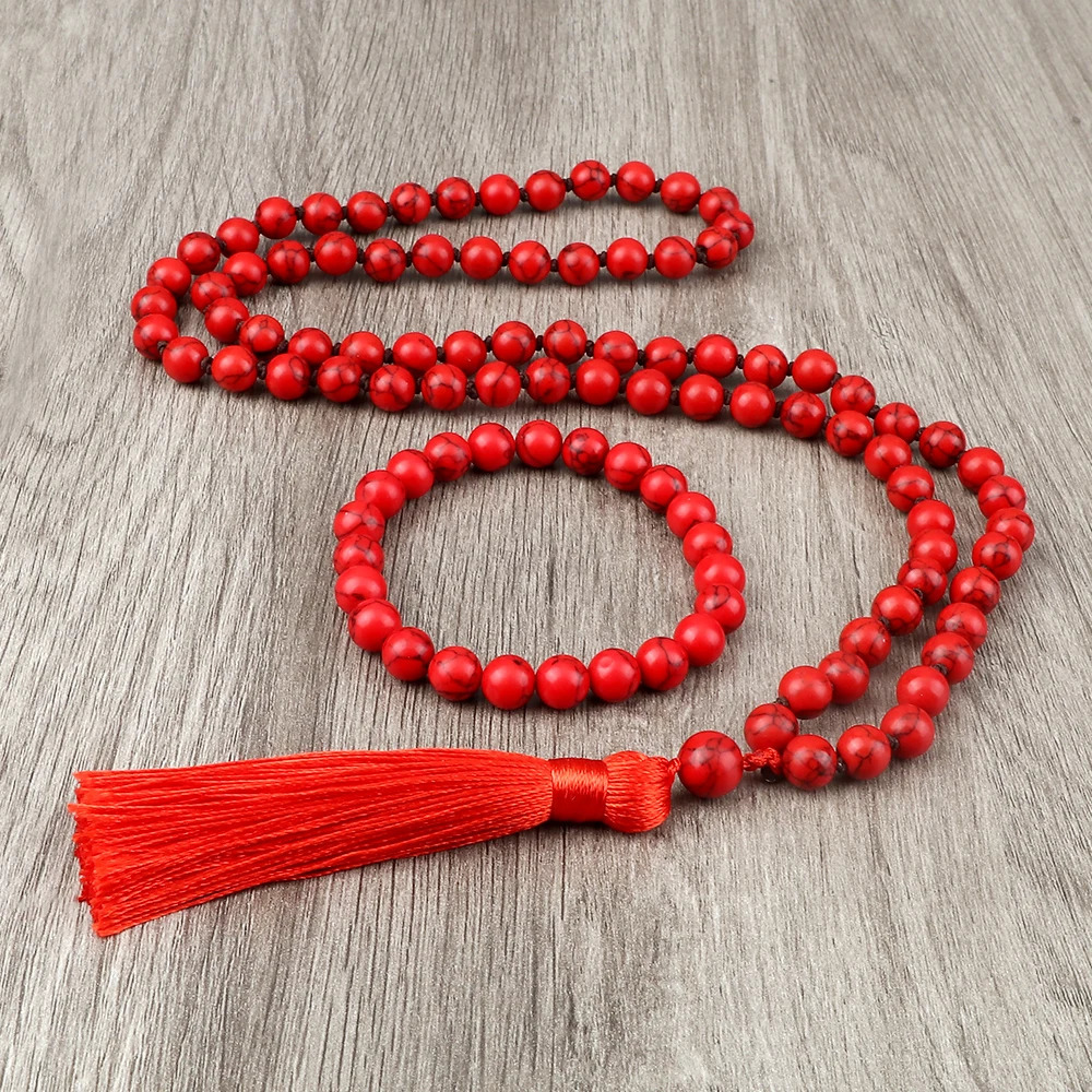 8mm Natural Black Line Red Pine Necklaces Set Fashion Handmade Knotted Tassel Pendant Charm Beaded Bracelet Yoga Spirit Jewelry 250704