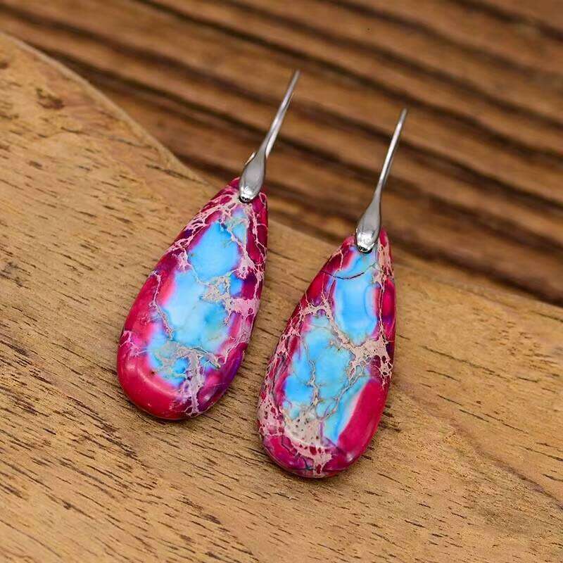 Natural Stone Red and Blue Matching Colorful Earrings Water Drop Studs - Shipped