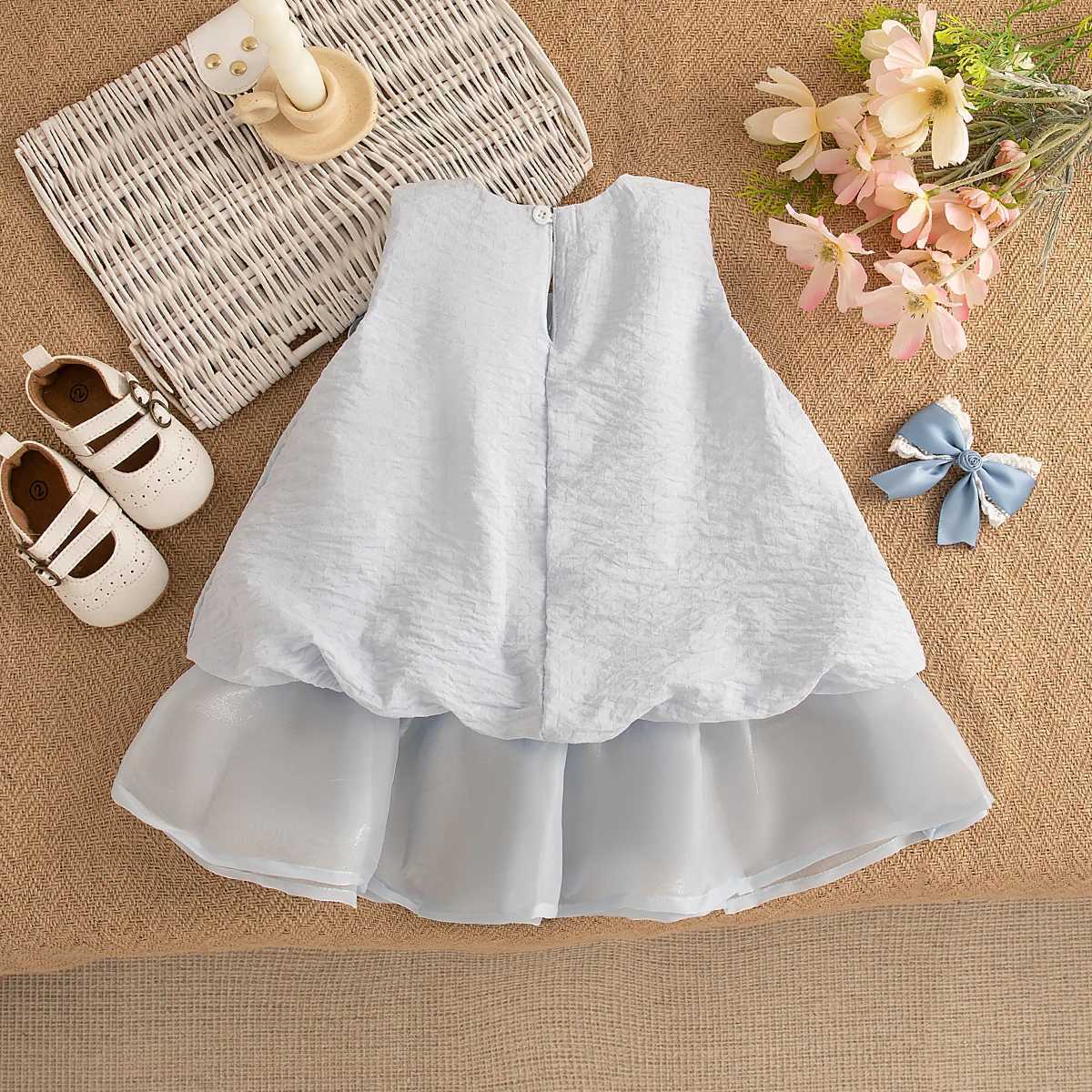 Floral Bow Blue Princess Dress Korean Style Baby Girl Dress Summer Elegant Girl Wedding Party Dress for Girls 0-2 Years R250707