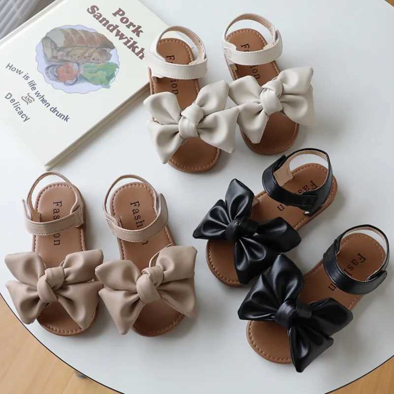 Girls Summer Sandals Beautiful Pu Leather Open Toe Children Sliders 21-30 Toddler Hoo-loop Flexible All-match Kids Flat Shoes R250707