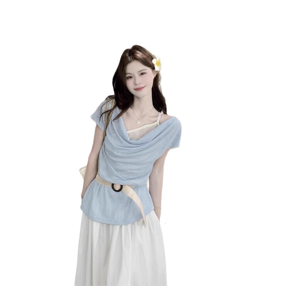 2025 Summer new women's T-shirt sexy and cute off shoulder top knitted women's summer new fake two-piece women's T-shirt new designer T