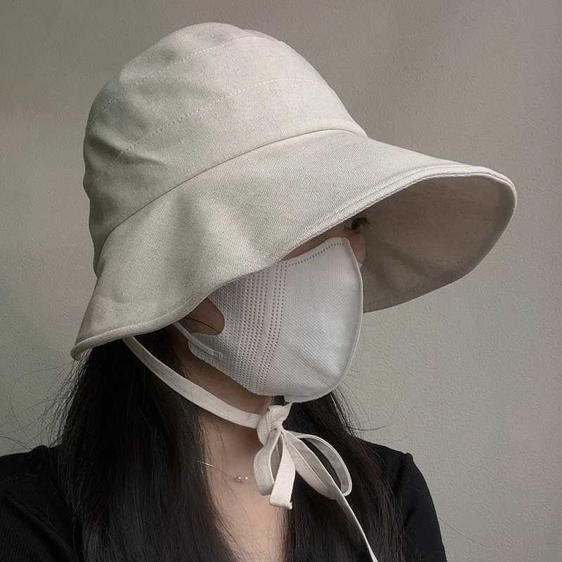 Japanese Cotton Hemp Strap Fisherman Hat Large Brim Summer Light Thin Breathable Sunshade Cap Korean Edition Lolita Bucket Hat Y250707