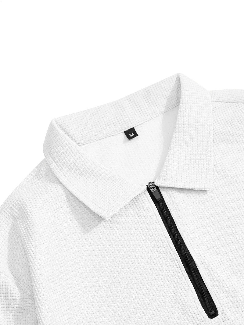 2025 Spring and Autumn Mens Waffle Set Long Sleeve Polo Shirt Fashion Casual Half Zipper Collar Solid Color 250703