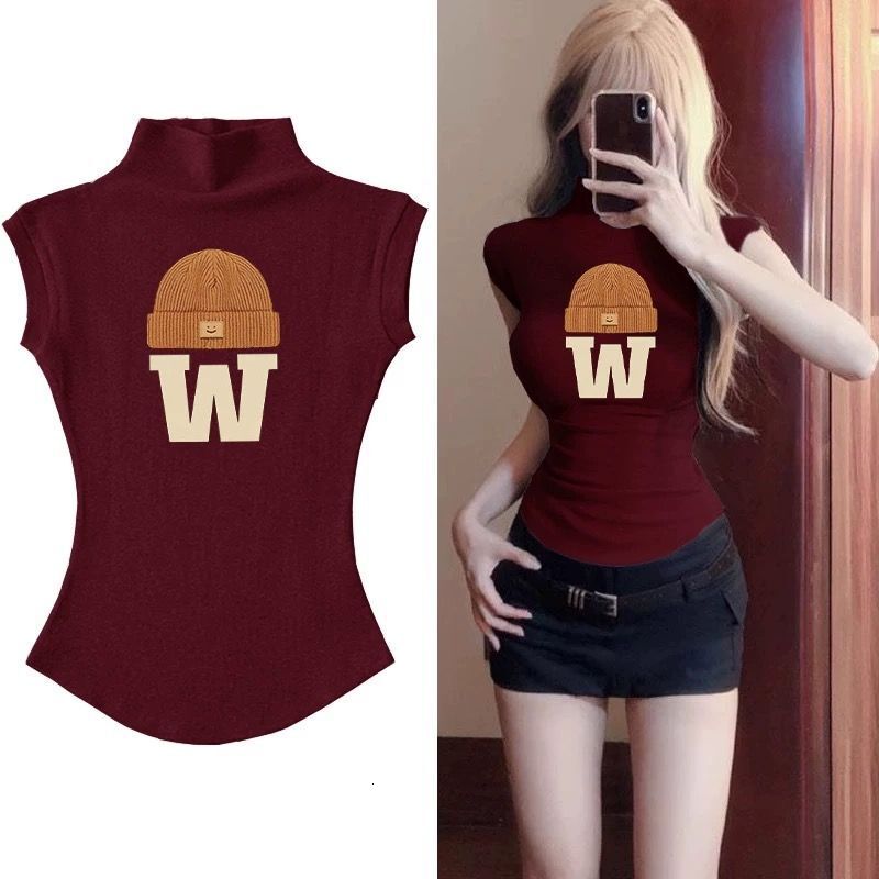 2025 Summer new women's T-shirt pure desire spicy girl half high neck printed T-shirt sleeveless niche tight top new designer T-shirt