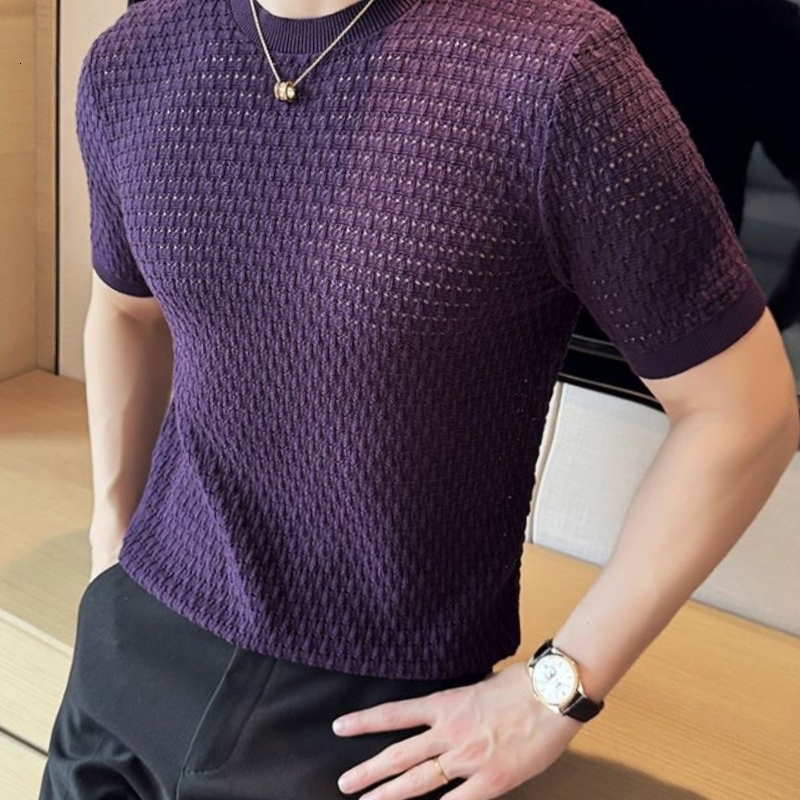 Korean Breathable Hollow Knitted Round Neck Short-sleeved T-shirt for Mens Summer Thin Casual Slim Fit Trendy T-shirt 250617