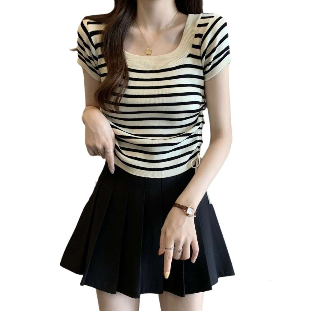 Striped Sleeve Ice Silk T-Shirt For Women Summer Loose Slimming Design Short Drawstring Versatile Top Square Neck Blouse B5