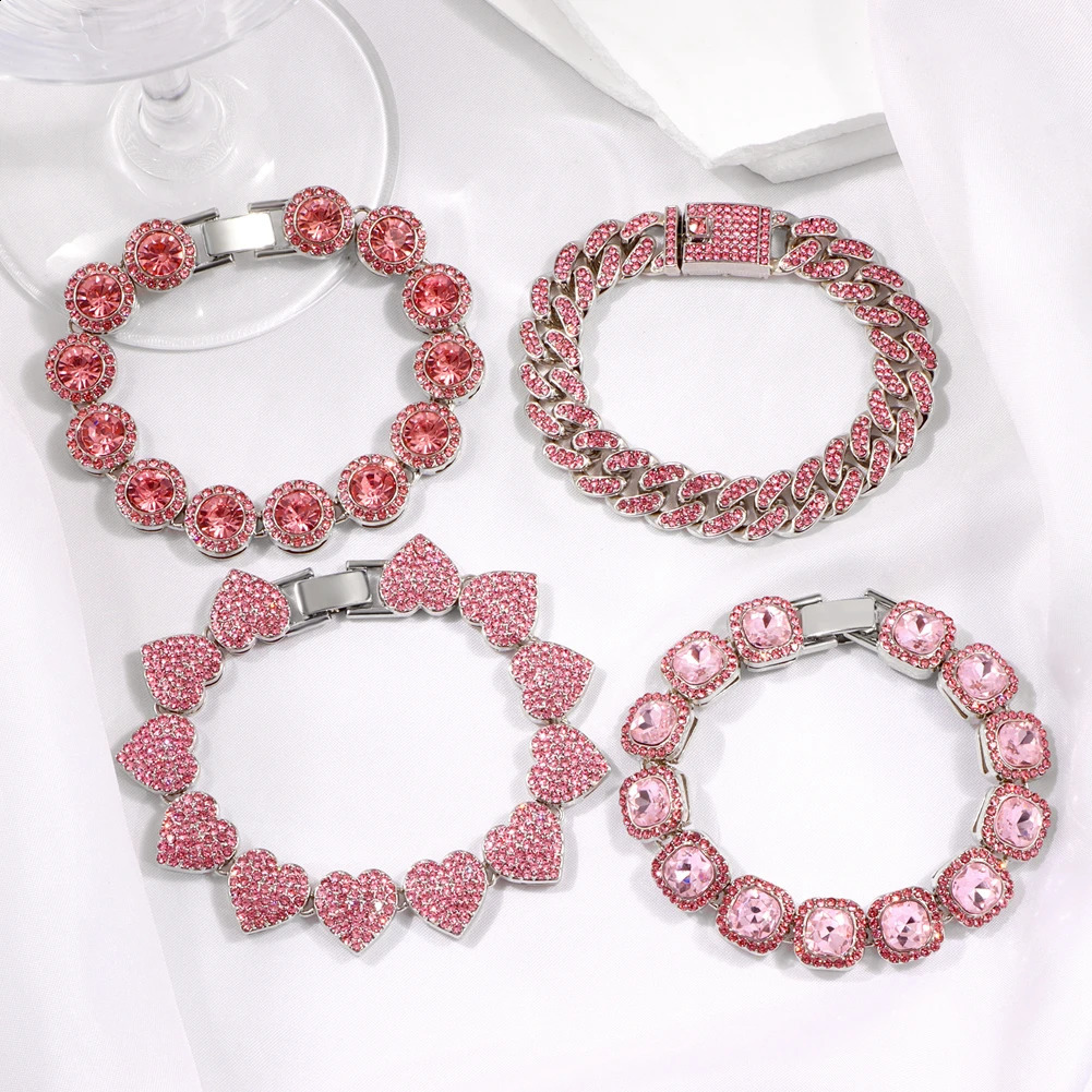Iced Out Pink Cuban Bracelet for Women Hip Hop Gold Silver Color Crystal Heart Circle Square 4Pcs Set Jewelry Gift 250707