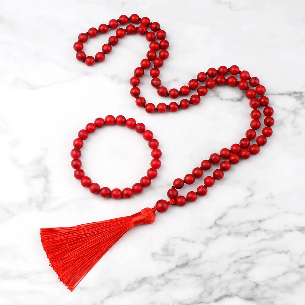 8mm Natural Black Line Red Pine Necklaces Set Fashion Handmade Knotted Tassel Pendant Charm Beaded Bracelet Yoga Spirit Jewelry 250704