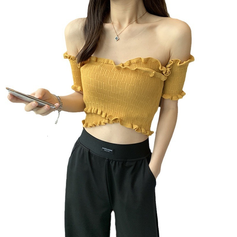 2025 Summer new women's T-shirt pleated short cut top high waist tight V-neck off shoulder cross knit women's new designer T-shirt
