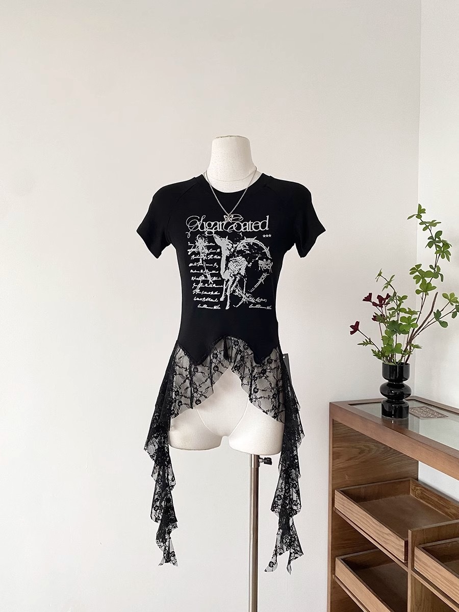 2025 Summer new women's T-shirt new fashion spicy girl lace letter print summer new irregular versatile T-shirt new designer T-shirt