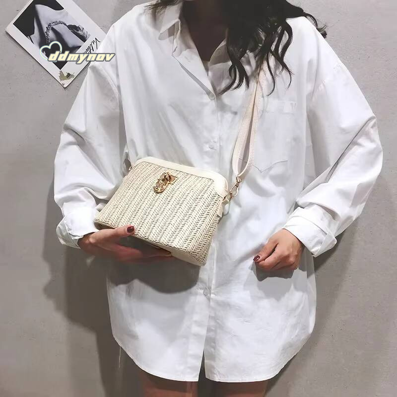 Casual Chains Straw Bucket 2025 Women Summer Messenger Rattan Bags Beach Lady Travel Purses and Handbags Shoulder Bag ddmynov